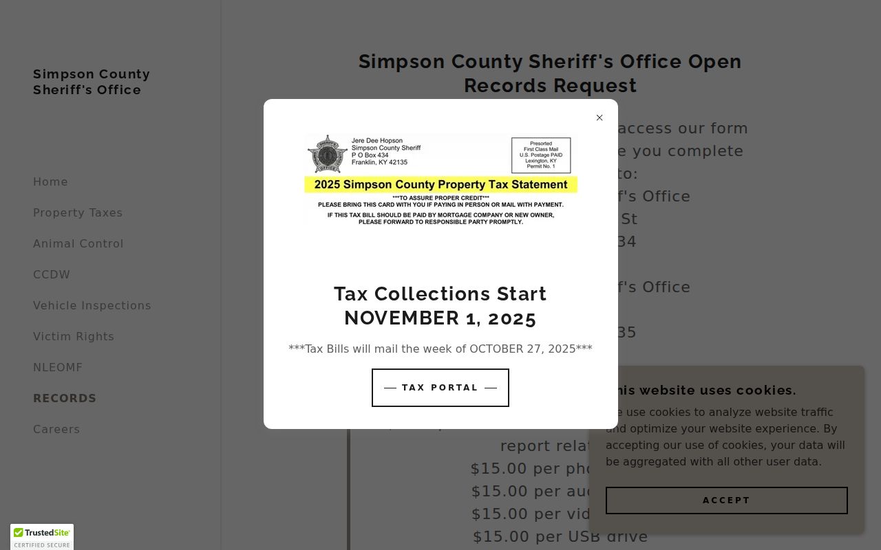 Simpson County Sheriff arrest record request and fee page